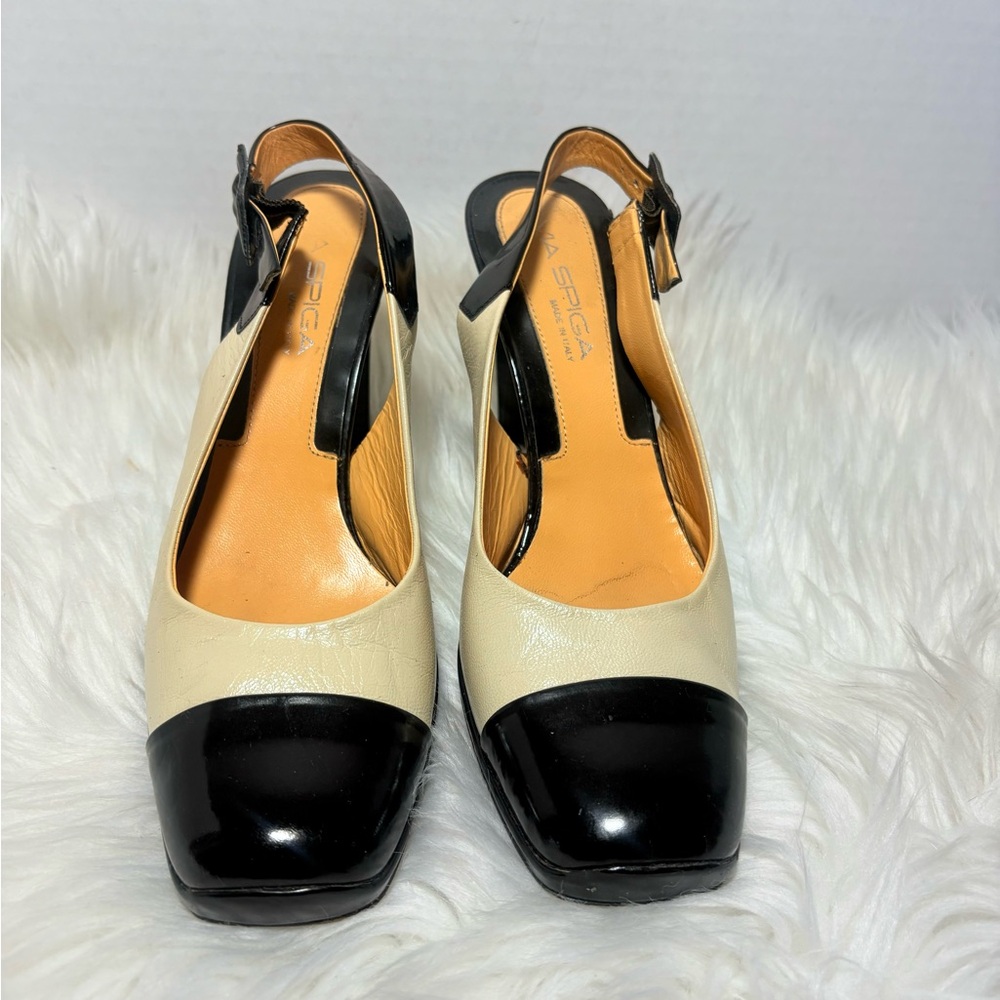 VIA SPIGA Vintage Black and Cream Leather Slingback Heels - Picture 3 of 11
